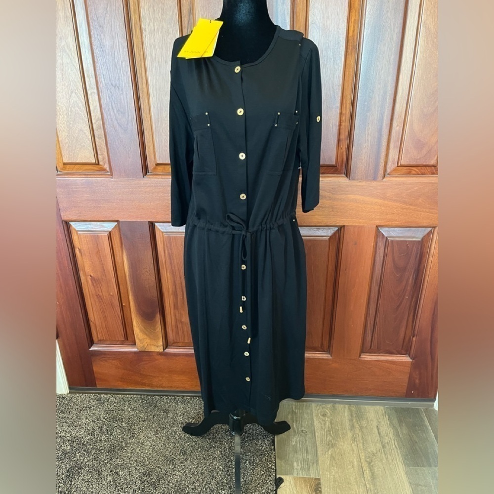 St. John Spa Black Jersey Button Roll Tab Sleeve Blouson Dress NWT $595